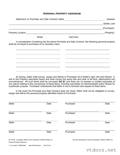 Free Purchase Addendum Vermont Template