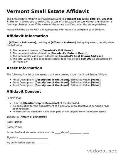 Official  Small Estate Affidavit Document for Vermont