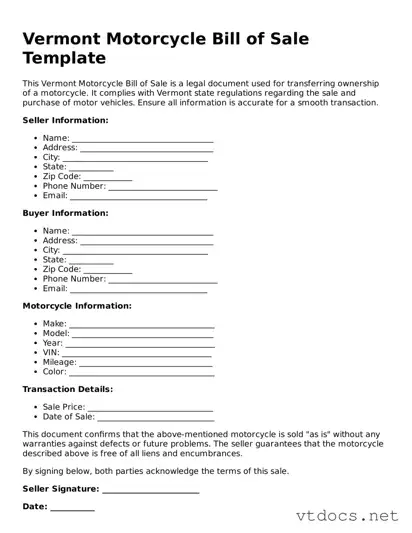 Official  Motorcycle Bill of Sale Document for Vermont