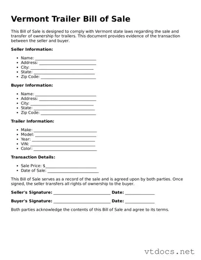 Official  Trailer Bill of Sale Document for Vermont