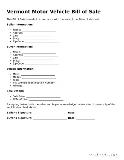 Official  Motor Vehicle Bill of Sale Document for Vermont