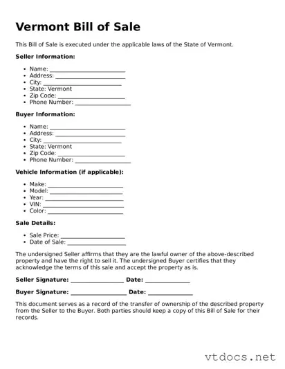 Official  Bill of Sale Document for Vermont