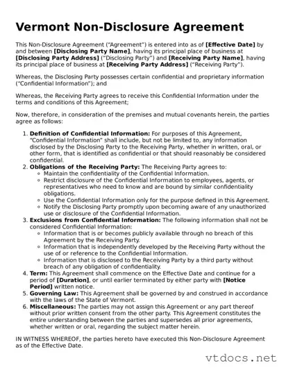 Official  Non-disclosure Agreement Document for Vermont