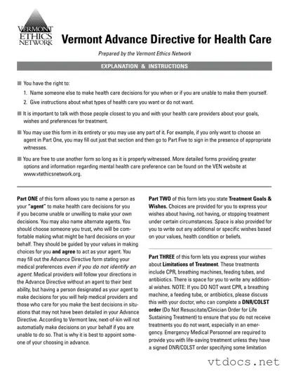 Free Vermont Directive Health Care Template