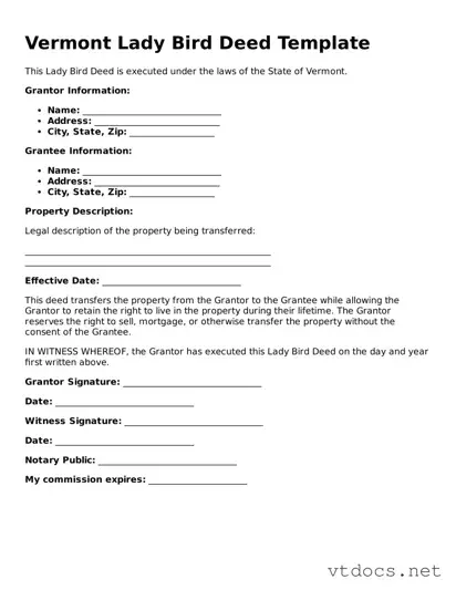 Official  Lady Bird Deed Document for Vermont