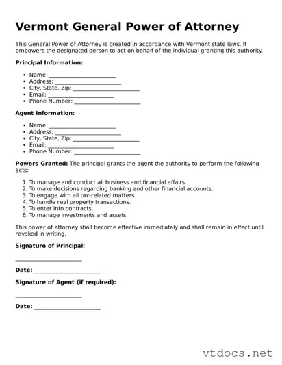 Official  General Power of Attorney Document for Vermont