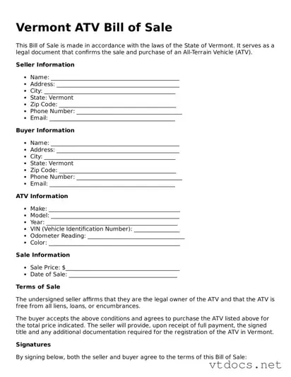 Official  ATV Bill of Sale Document for Vermont