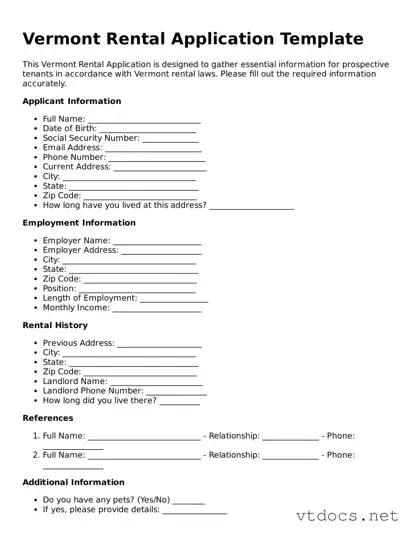 Official  Rental Application Document for Vermont