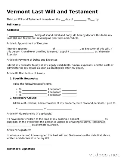 Official  Last Will and Testament Document for Vermont