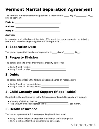 Official  Marital Separation Agreement Document for Vermont
