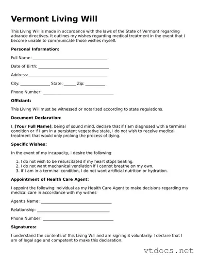 Official  Living Will Document for Vermont