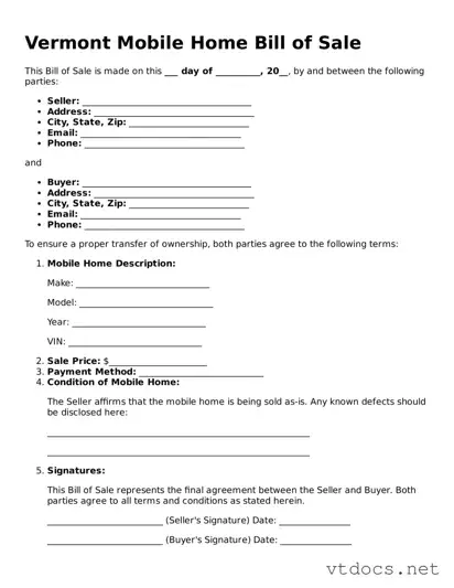 Official  Mobile Home Bill of Sale Document for Vermont