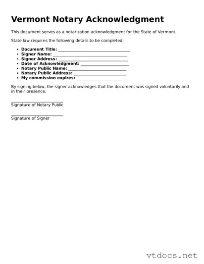 Official  Notary Acknowledgement Document for Vermont