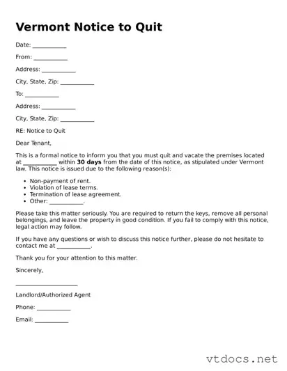 Official  Notice to Quit Document for Vermont