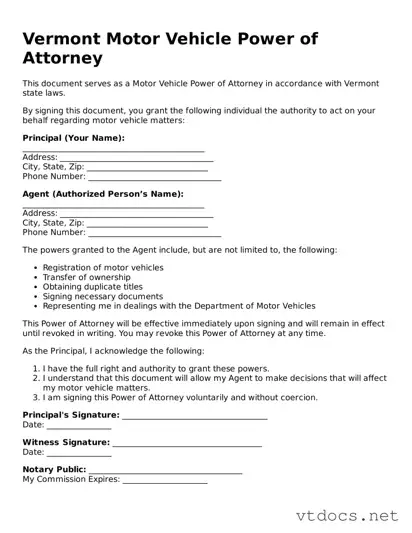 Official  Motor Vehicle Power of Attorney Document for Vermont
