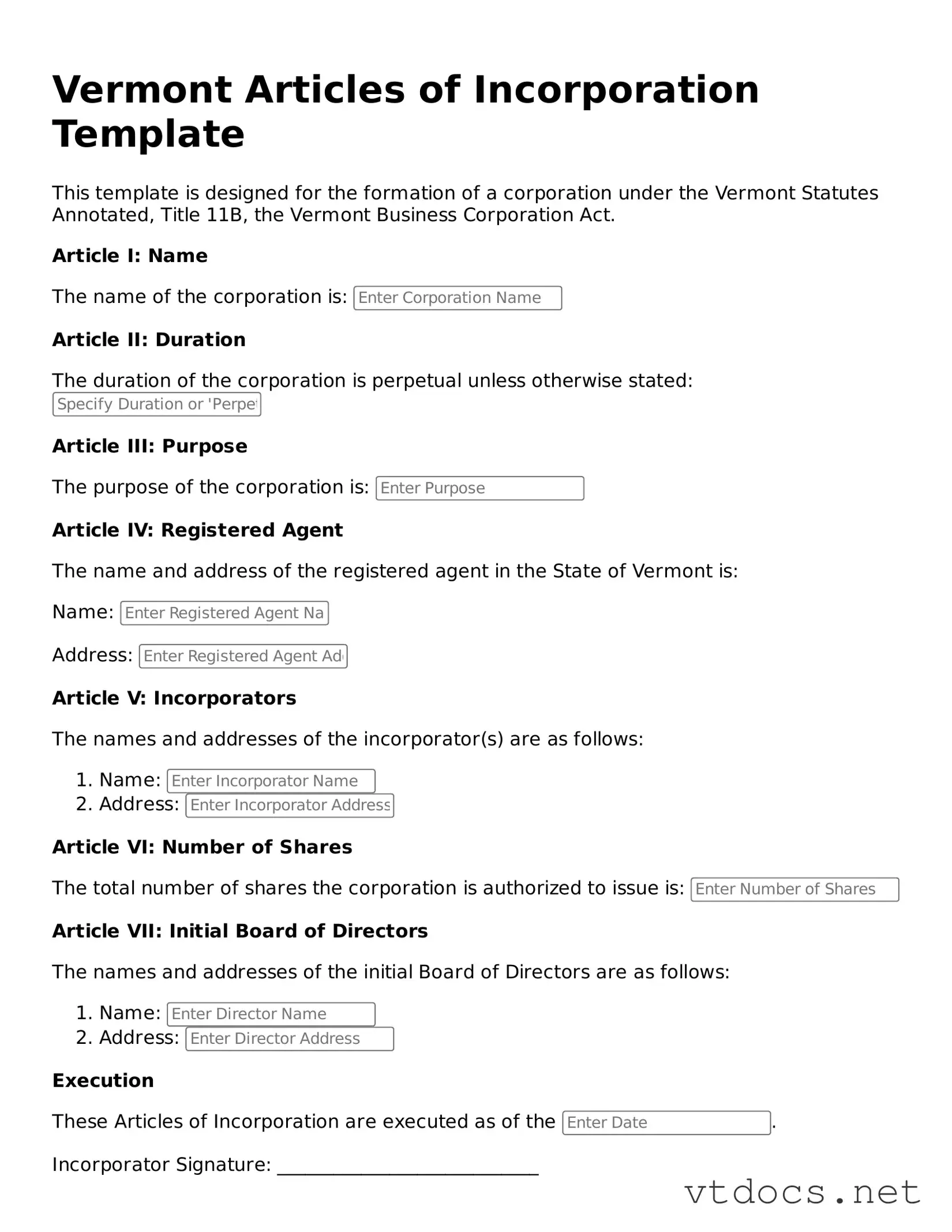 Official  Articles of Incorporation Document for Vermont