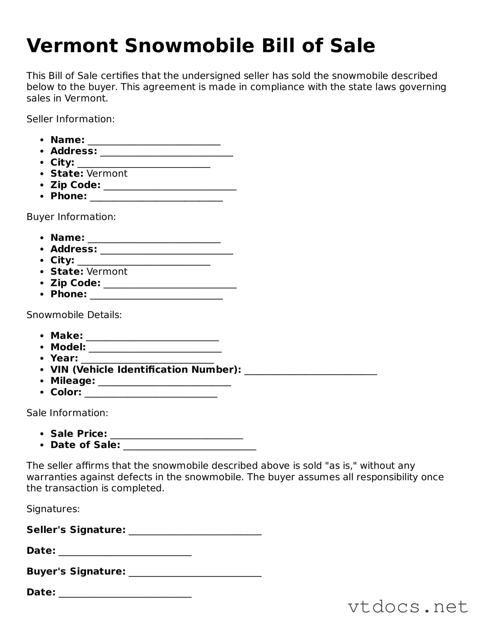 Official  Snowmobile Bill of Sale Document for Vermont