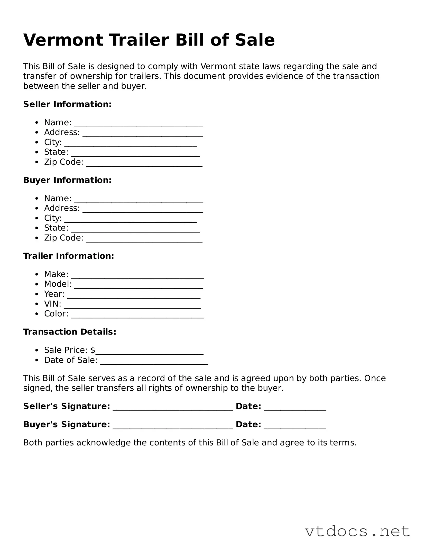 Official  Trailer Bill of Sale Document for Vermont