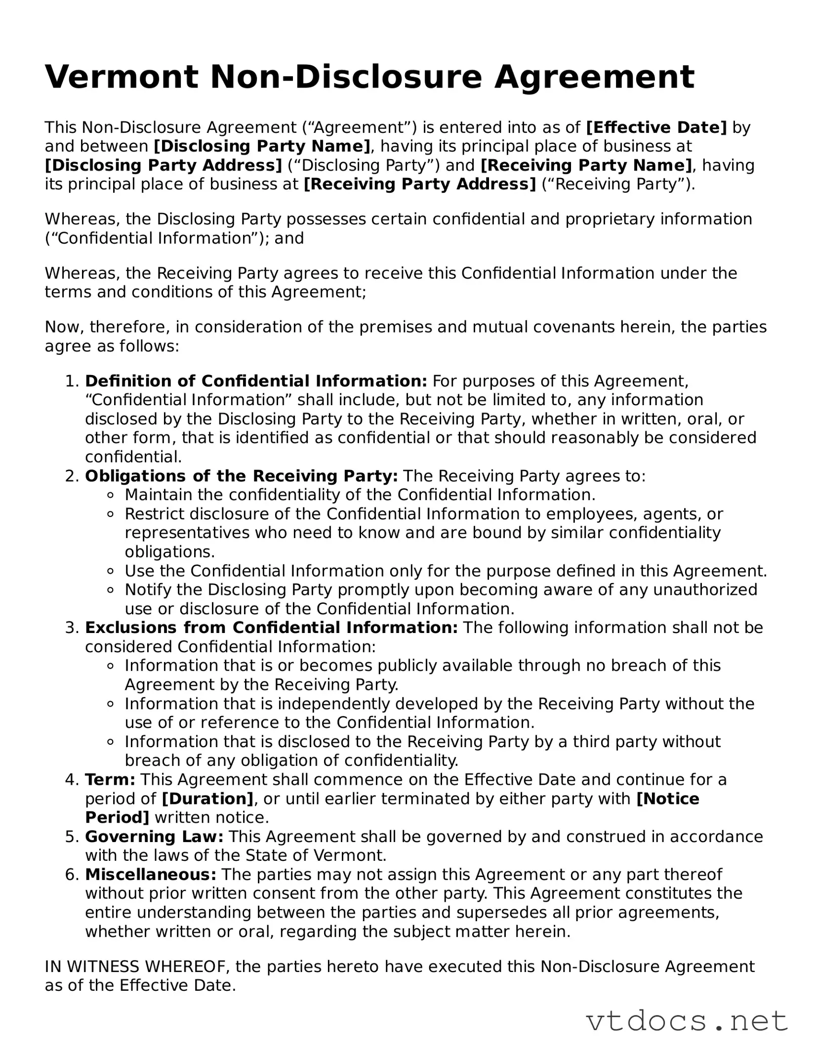 Official  Non-disclosure Agreement Document for Vermont