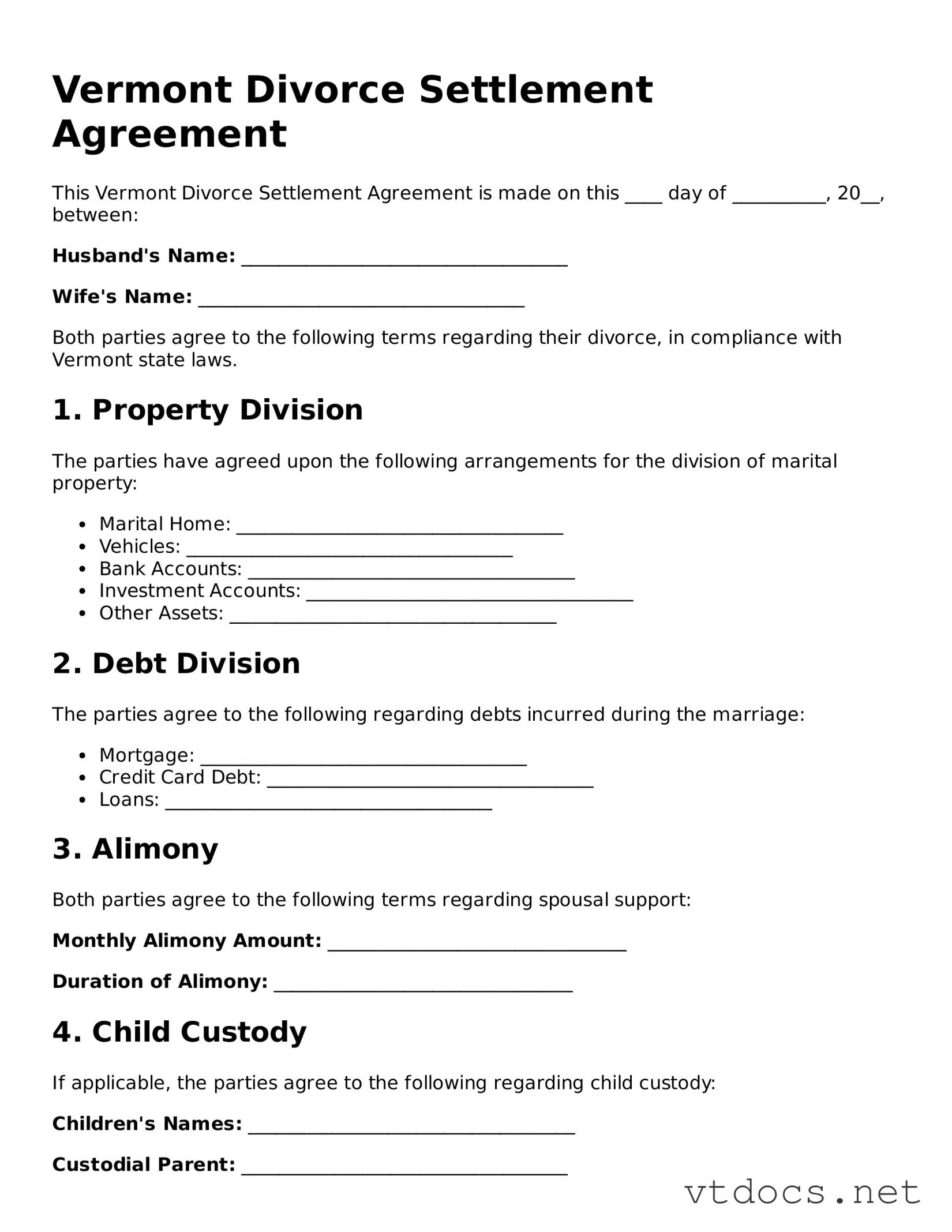Official  Divorce Settlement Agreement Document for Vermont
