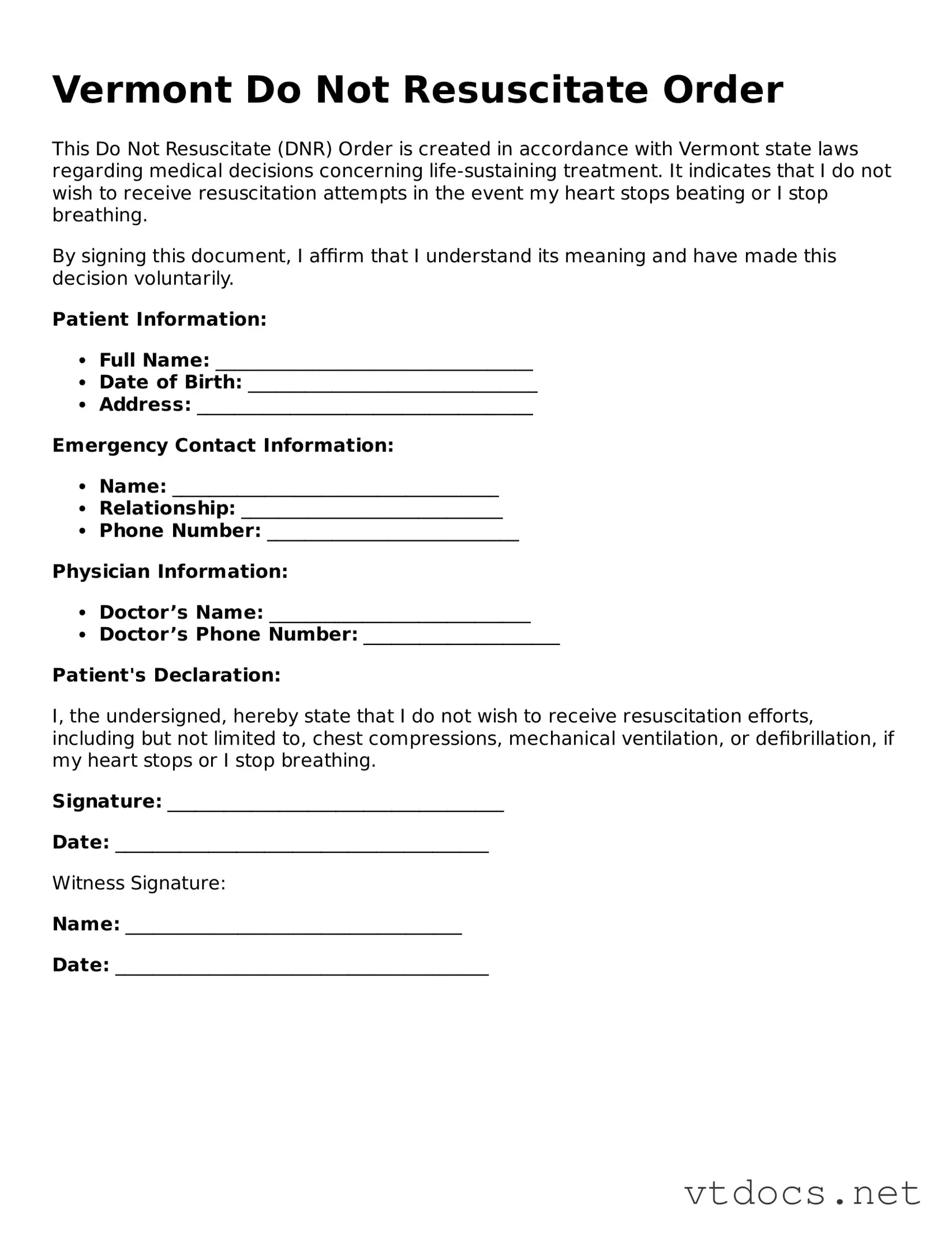 Official  Do Not Resuscitate Order Document for Vermont