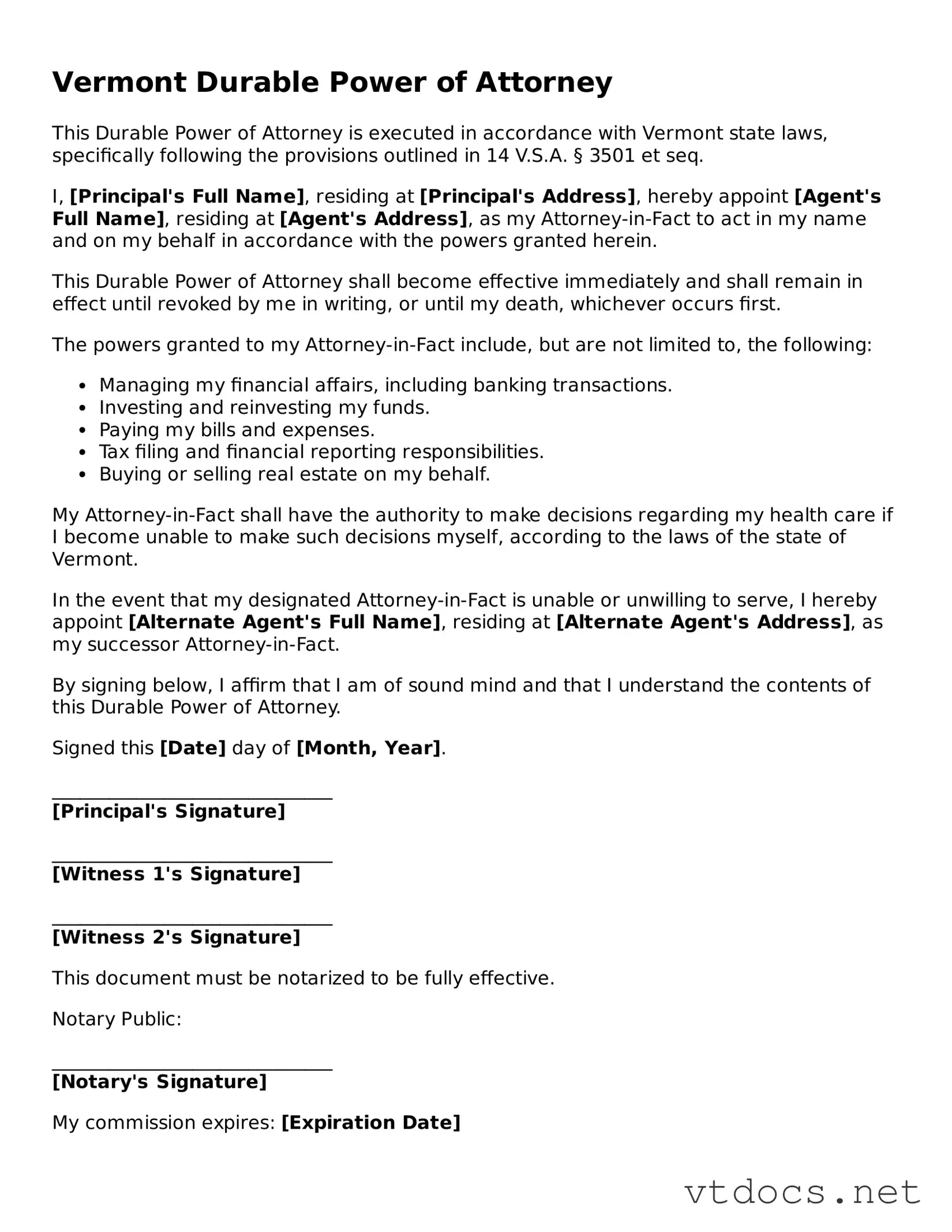 Official  Durable Power of Attorney Document for Vermont