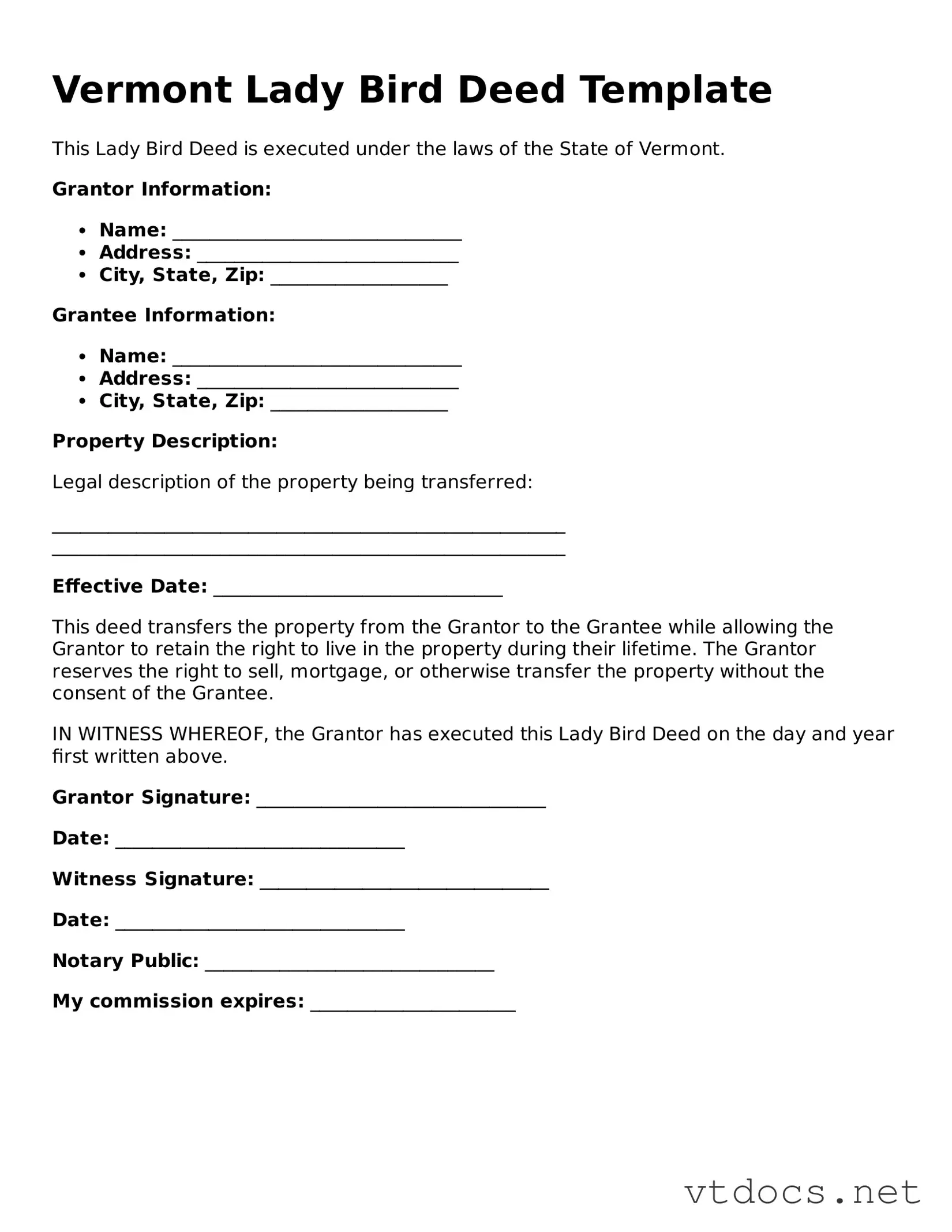 Official  Lady Bird Deed Document for Vermont