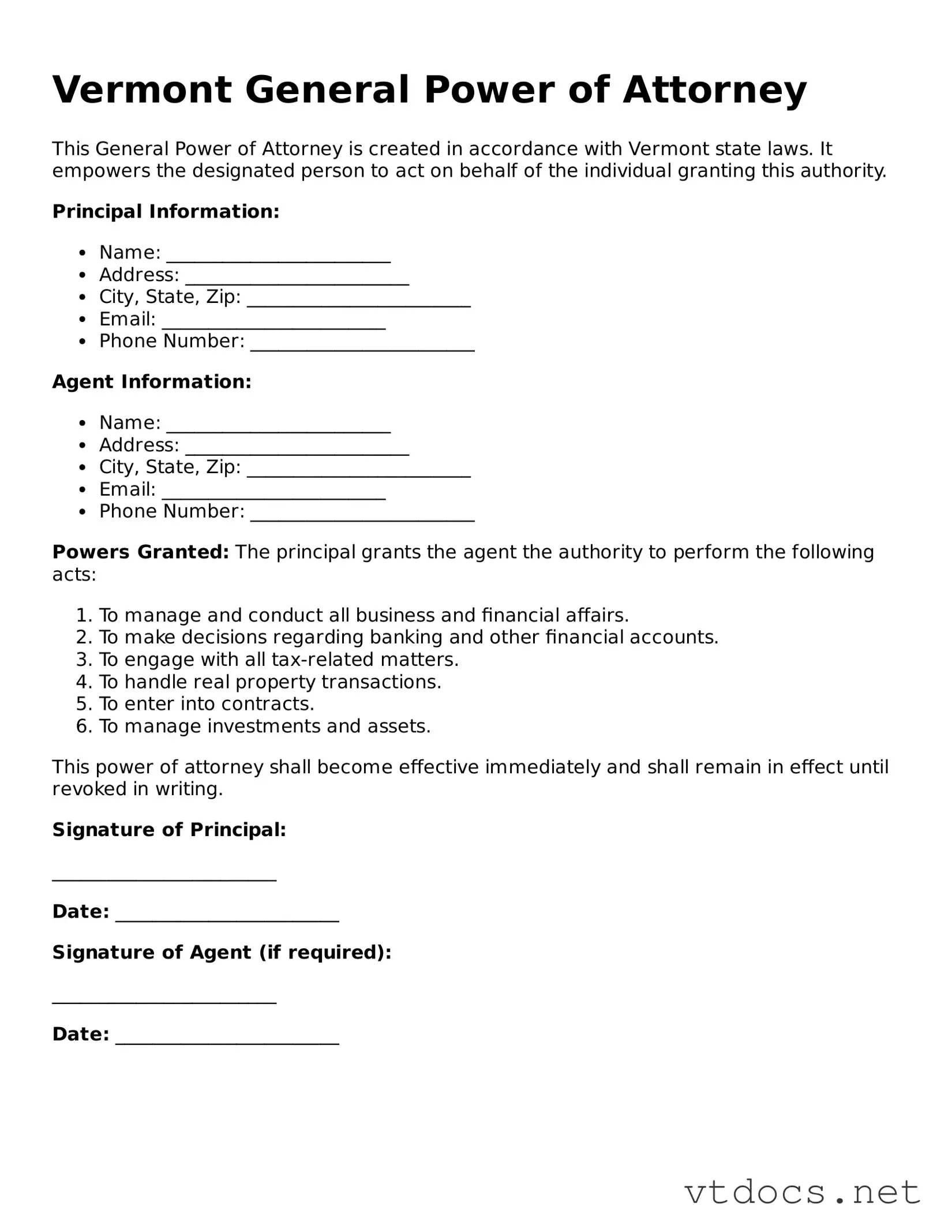 Official  General Power of Attorney Document for Vermont
