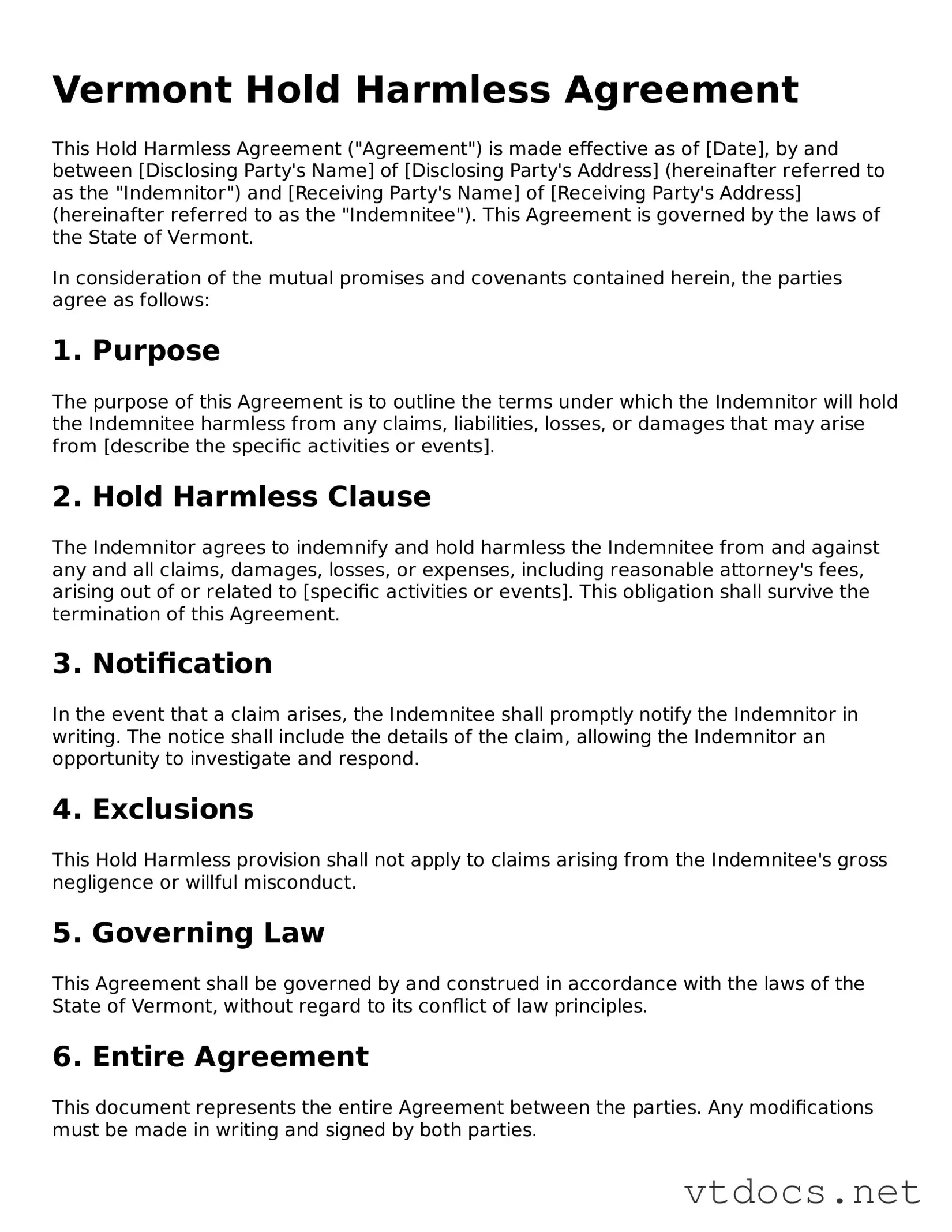 Official  Hold Harmless Agreement Document for Vermont