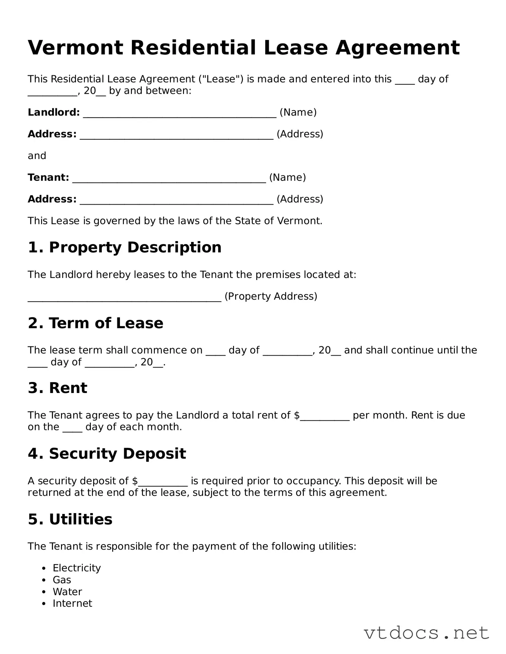 Official  Residential Lease Agreement Document for Vermont