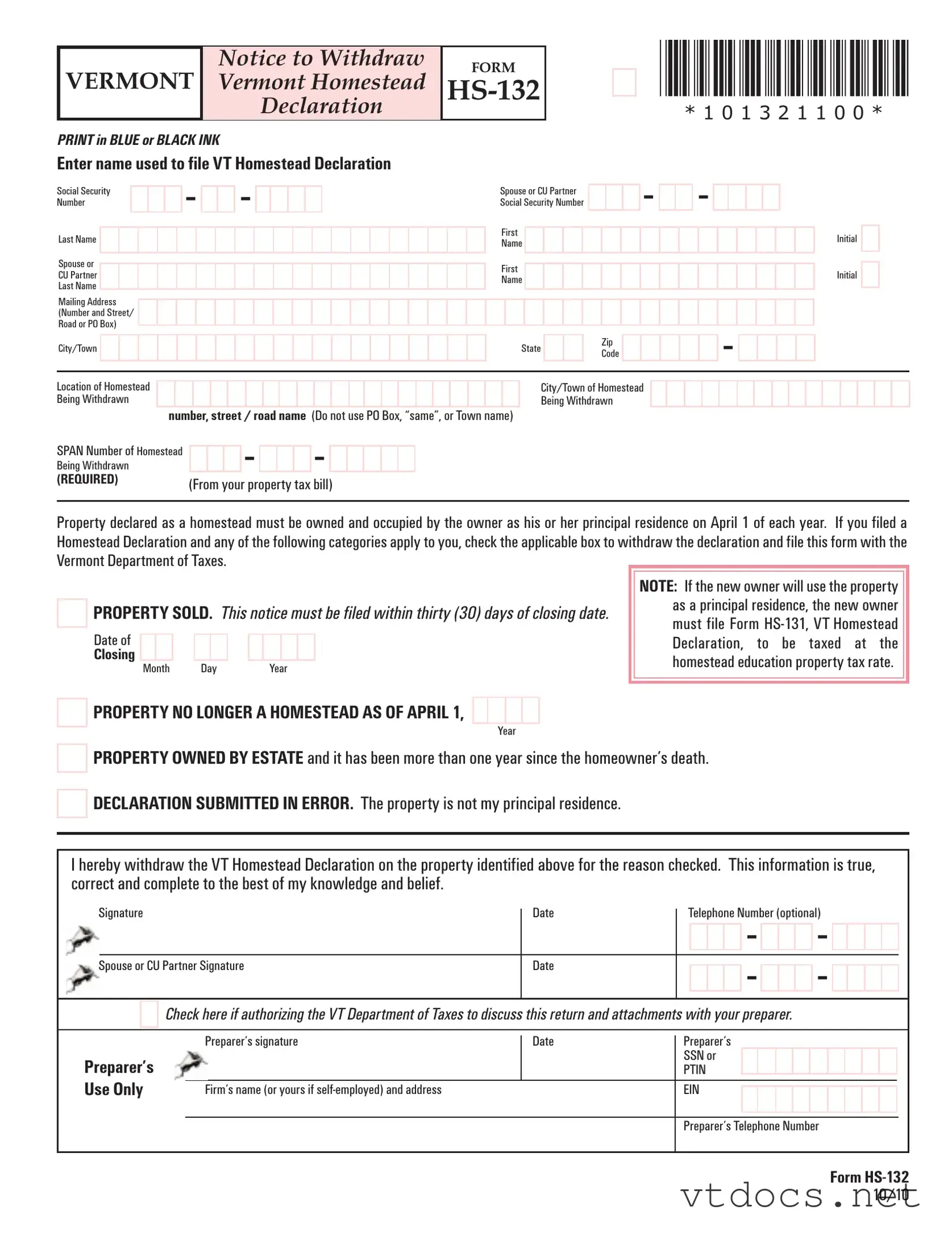 Free Vermont Hs 132 Template