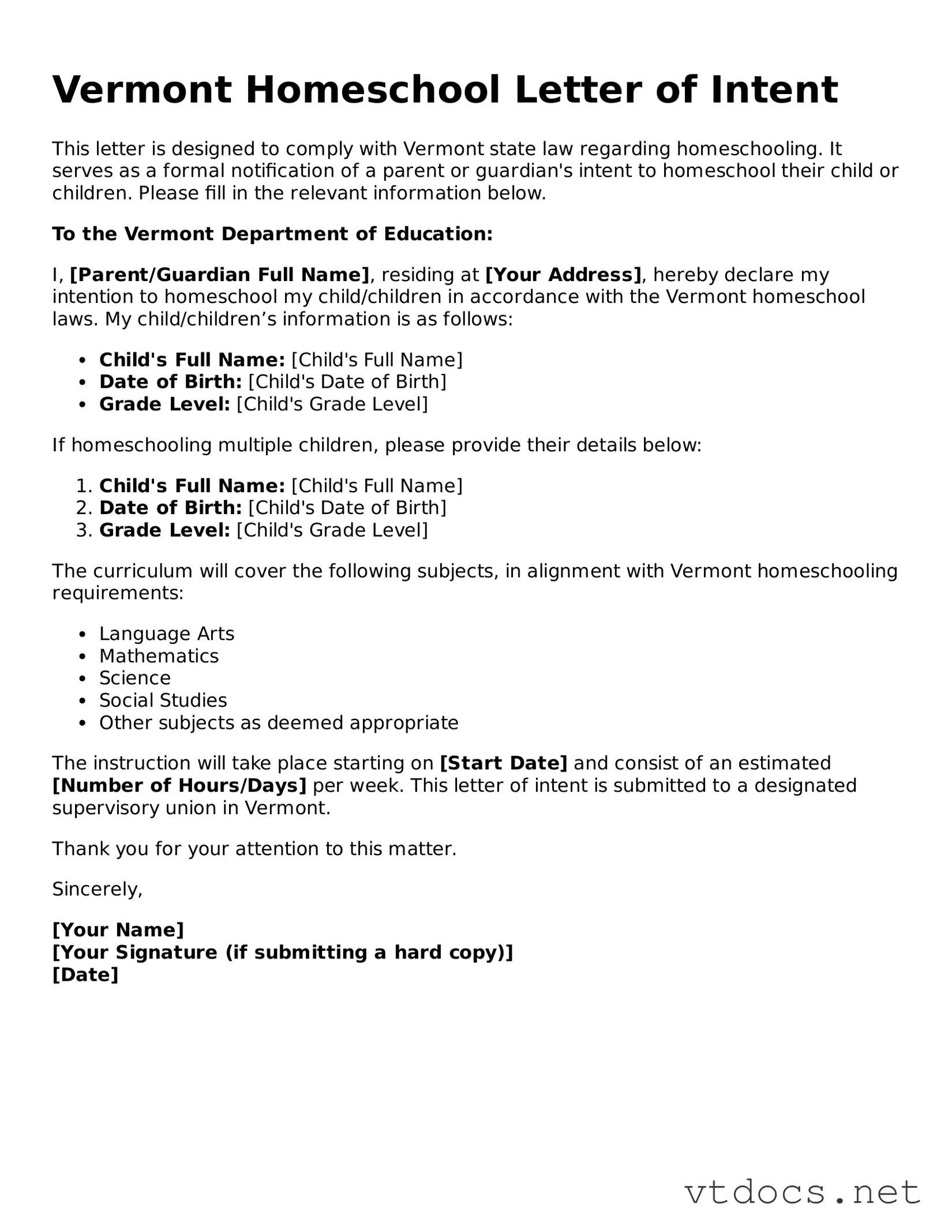 Official  Homeschool Letter of Intent Document for Vermont