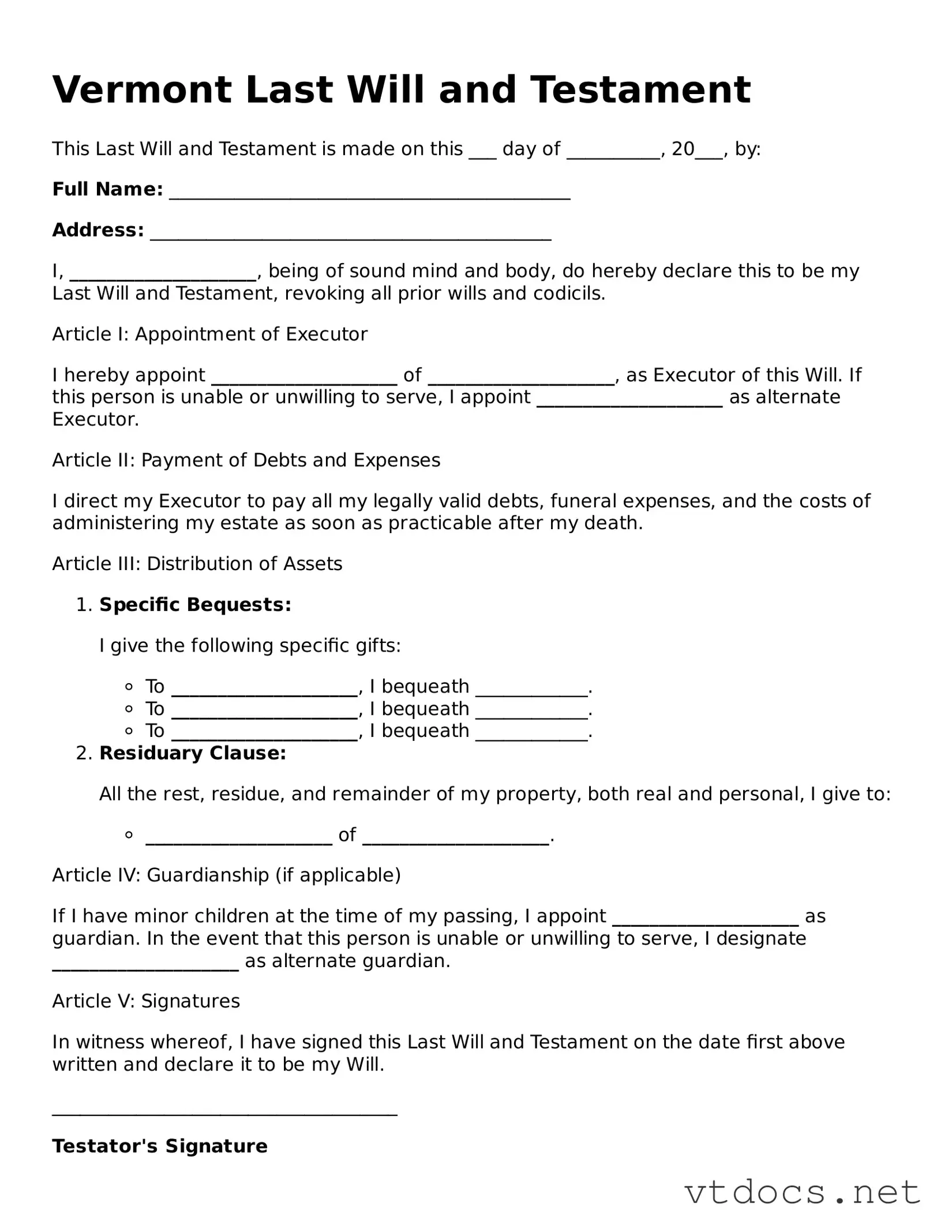 Official  Last Will and Testament Document for Vermont