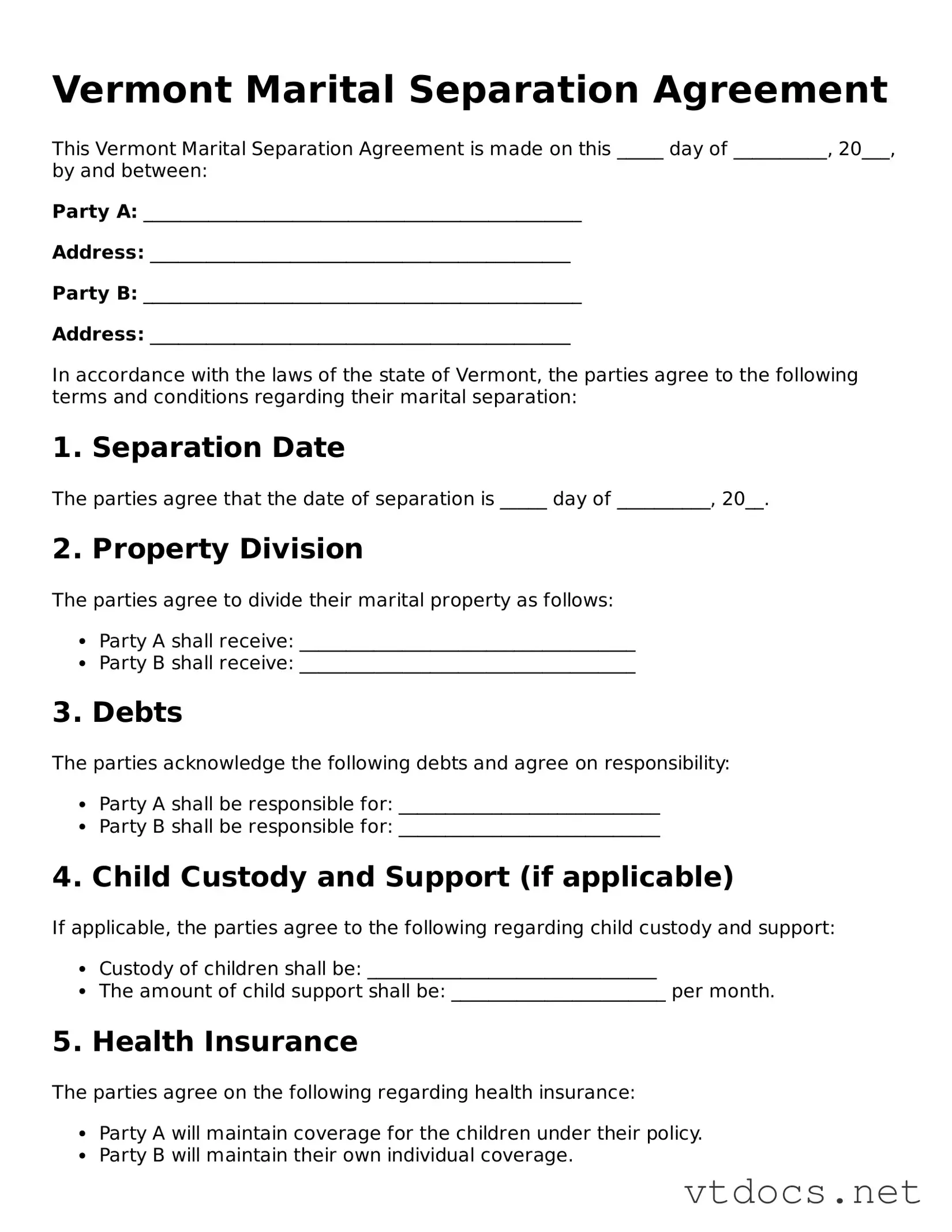 Official  Marital Separation Agreement Document for Vermont