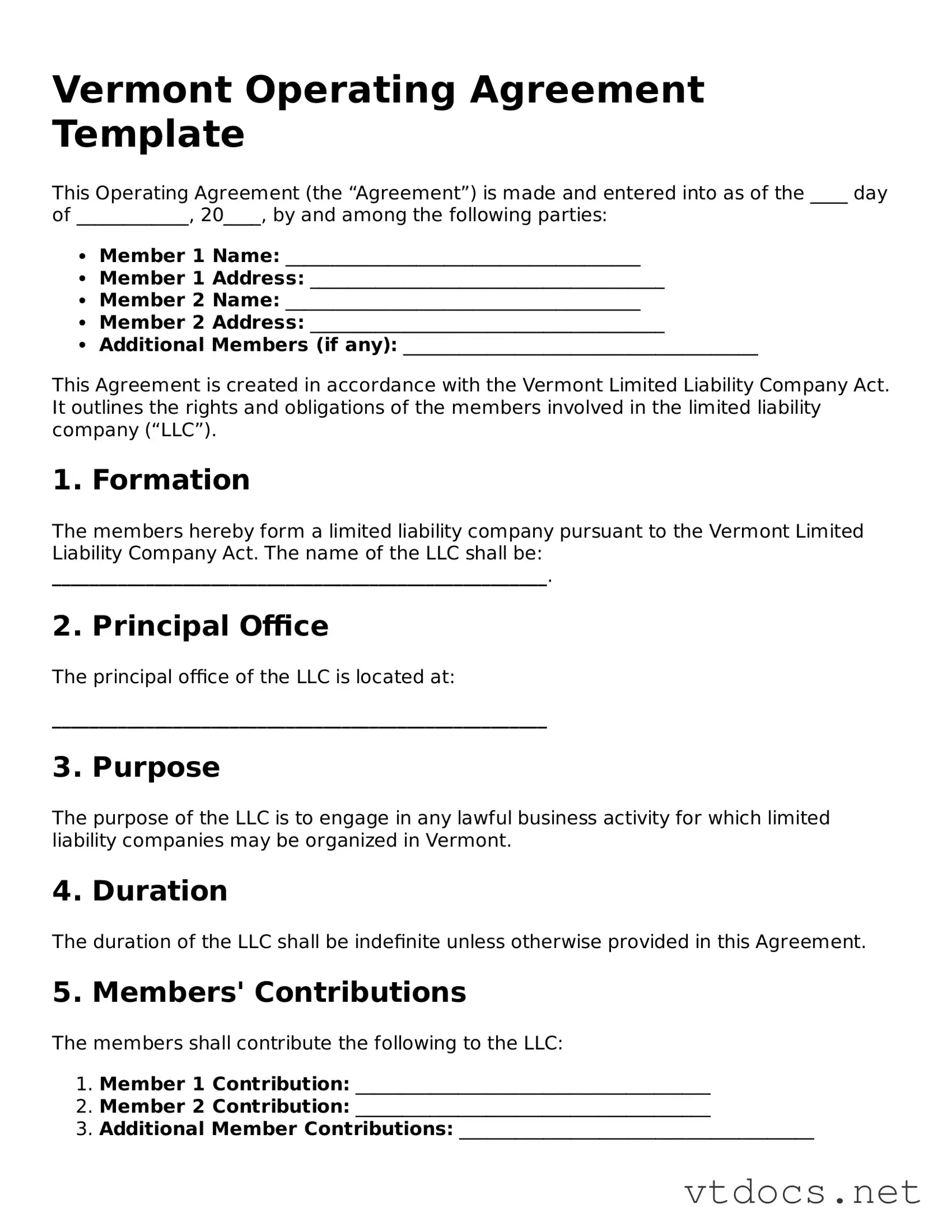 Official  Operating Agreement Document for Vermont