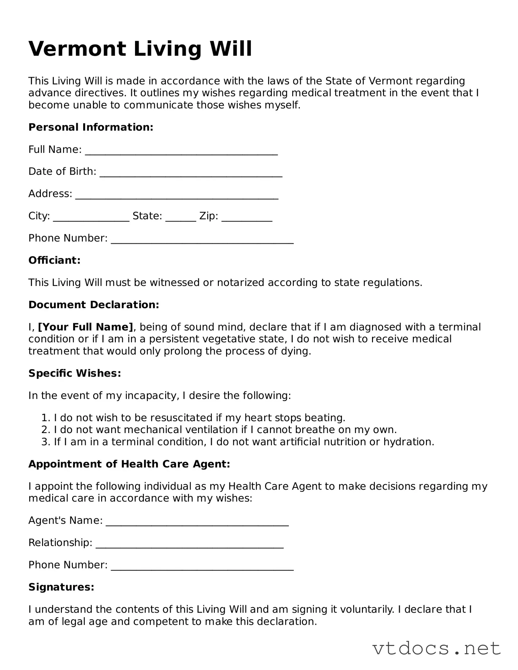 Official  Living Will Document for Vermont