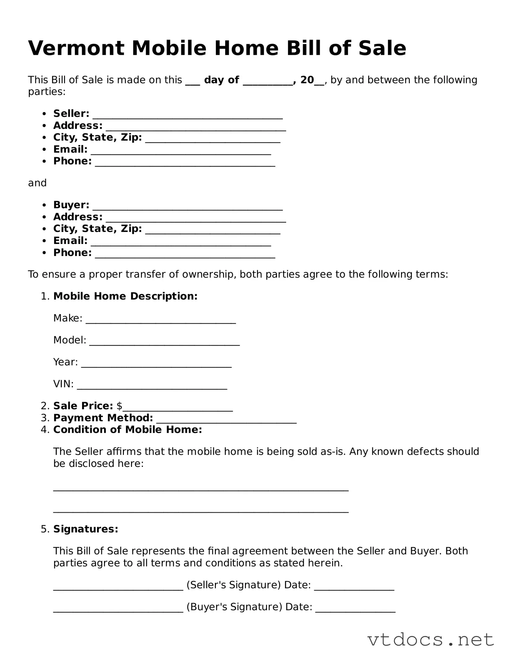 Official  Mobile Home Bill of Sale Document for Vermont