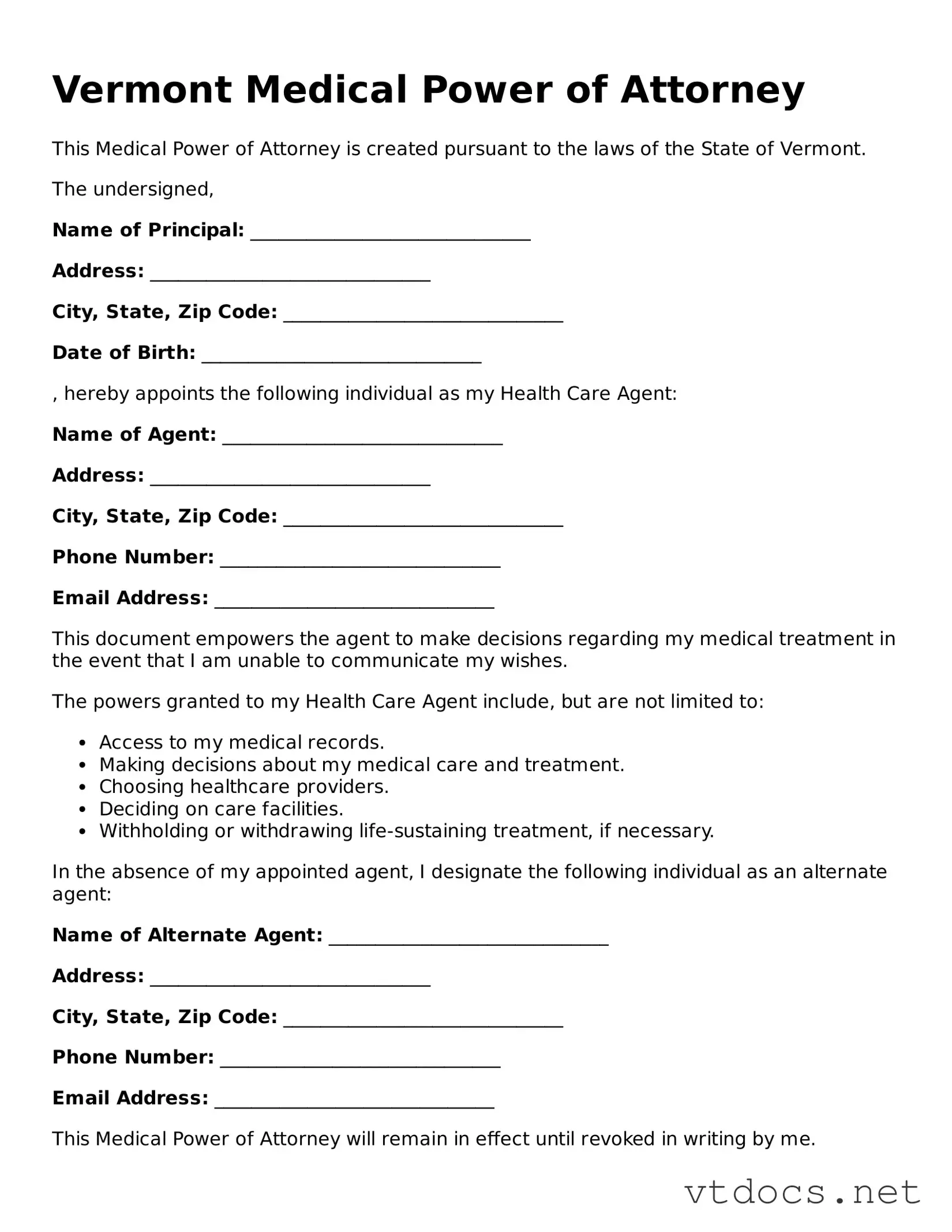 Official  Medical Power of Attorney Document for Vermont