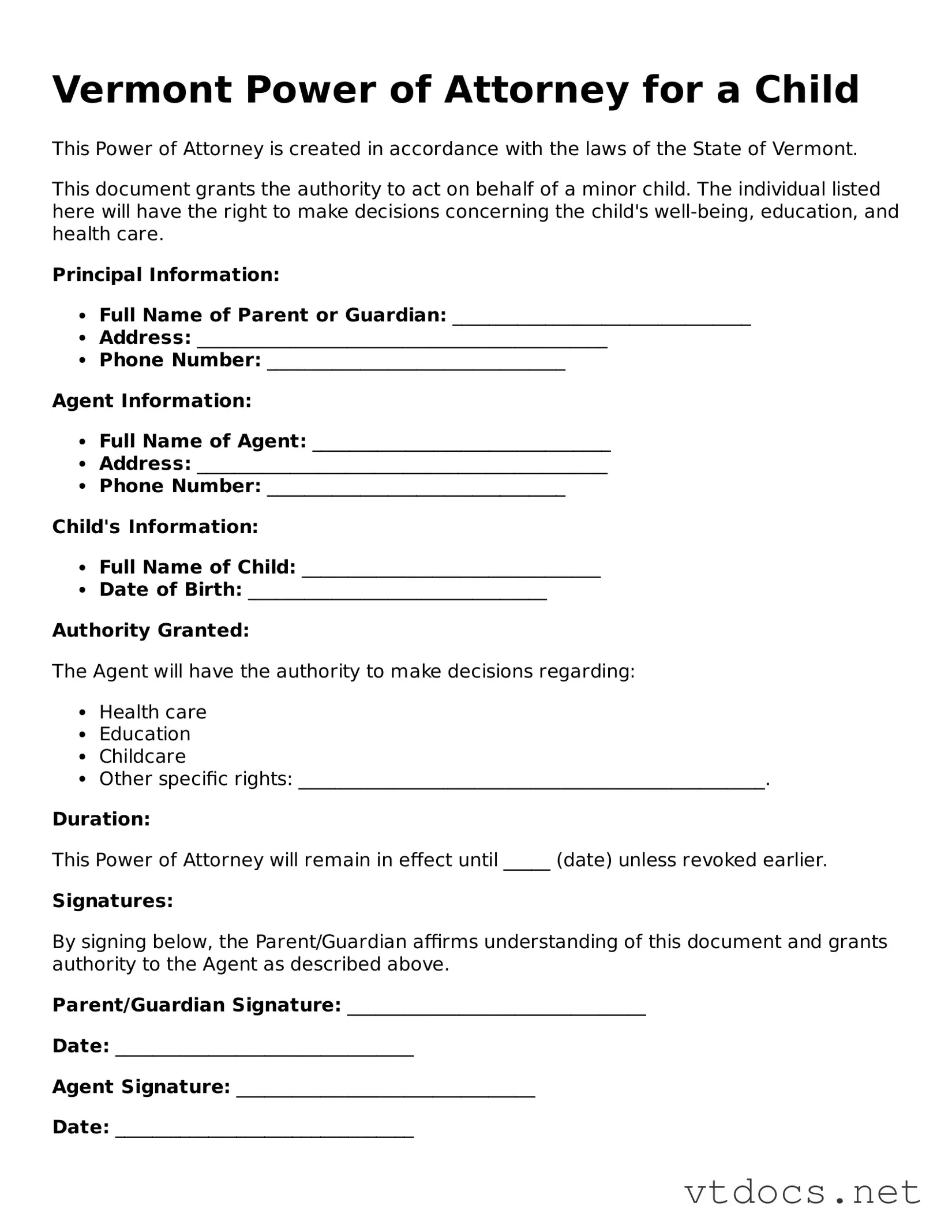 Official  Power of Attorney for a Child Document for Vermont