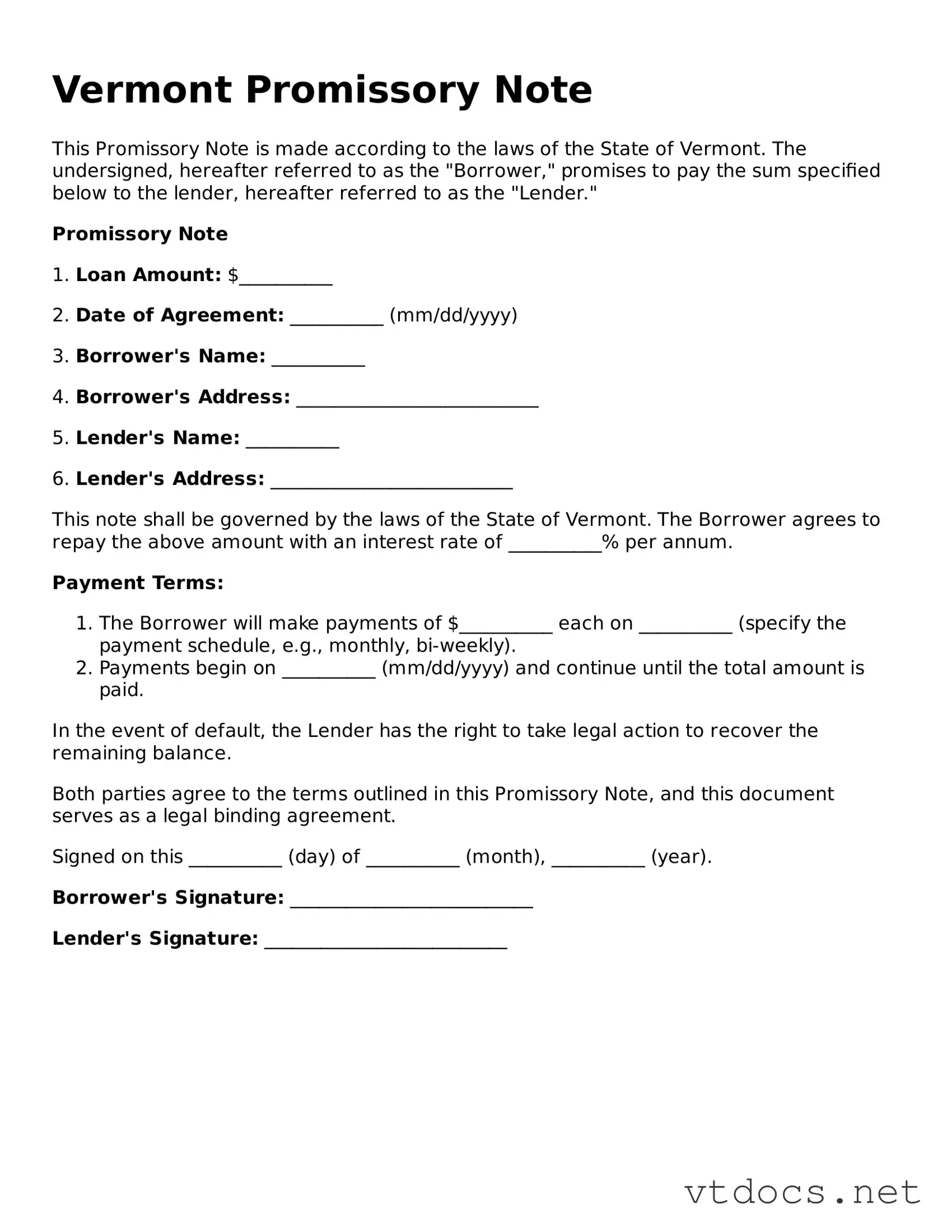 Official  Promissory Note Document for Vermont