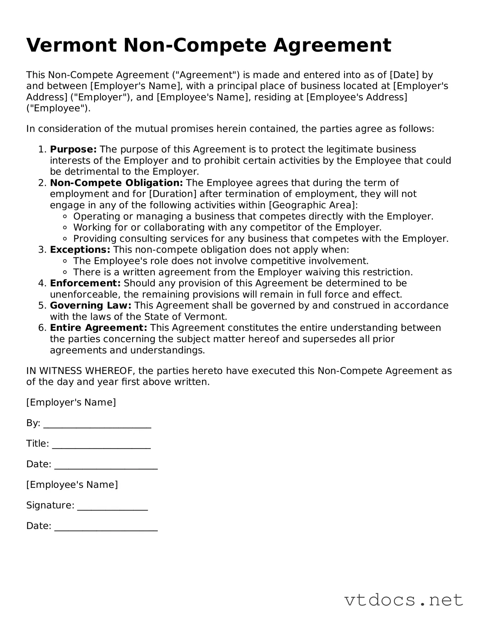 Official  Non-compete Agreement Document for Vermont