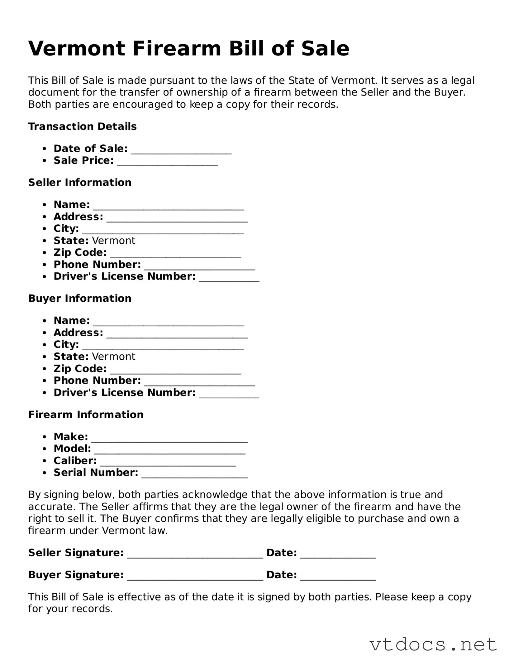 Official  Firearm Bill of Sale Document for Vermont