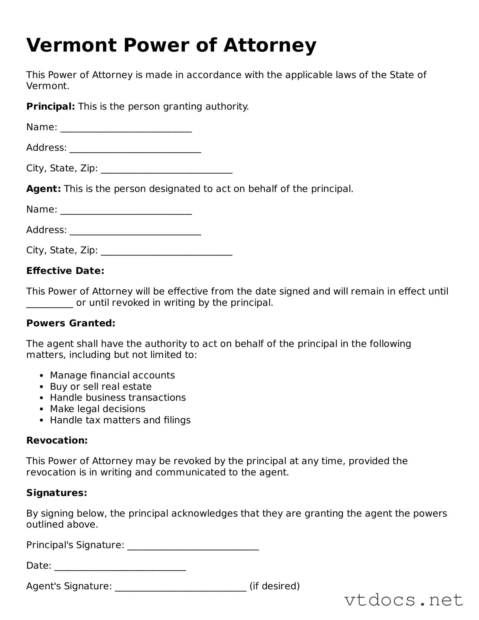 Official  Power of Attorney Document for Vermont