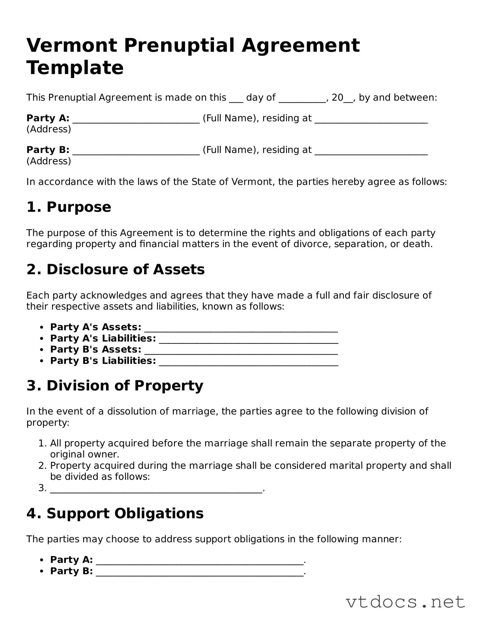 Official  Prenuptial Agreement Document for Vermont