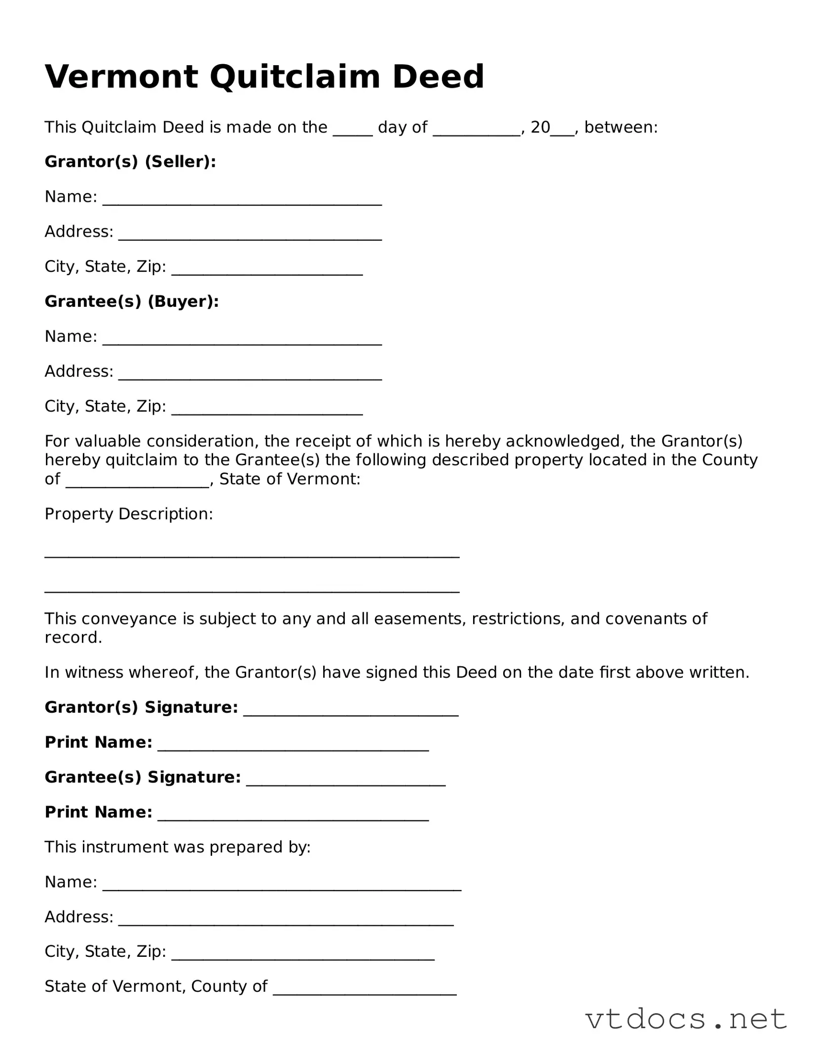 Official  Quitclaim Deed Document for Vermont