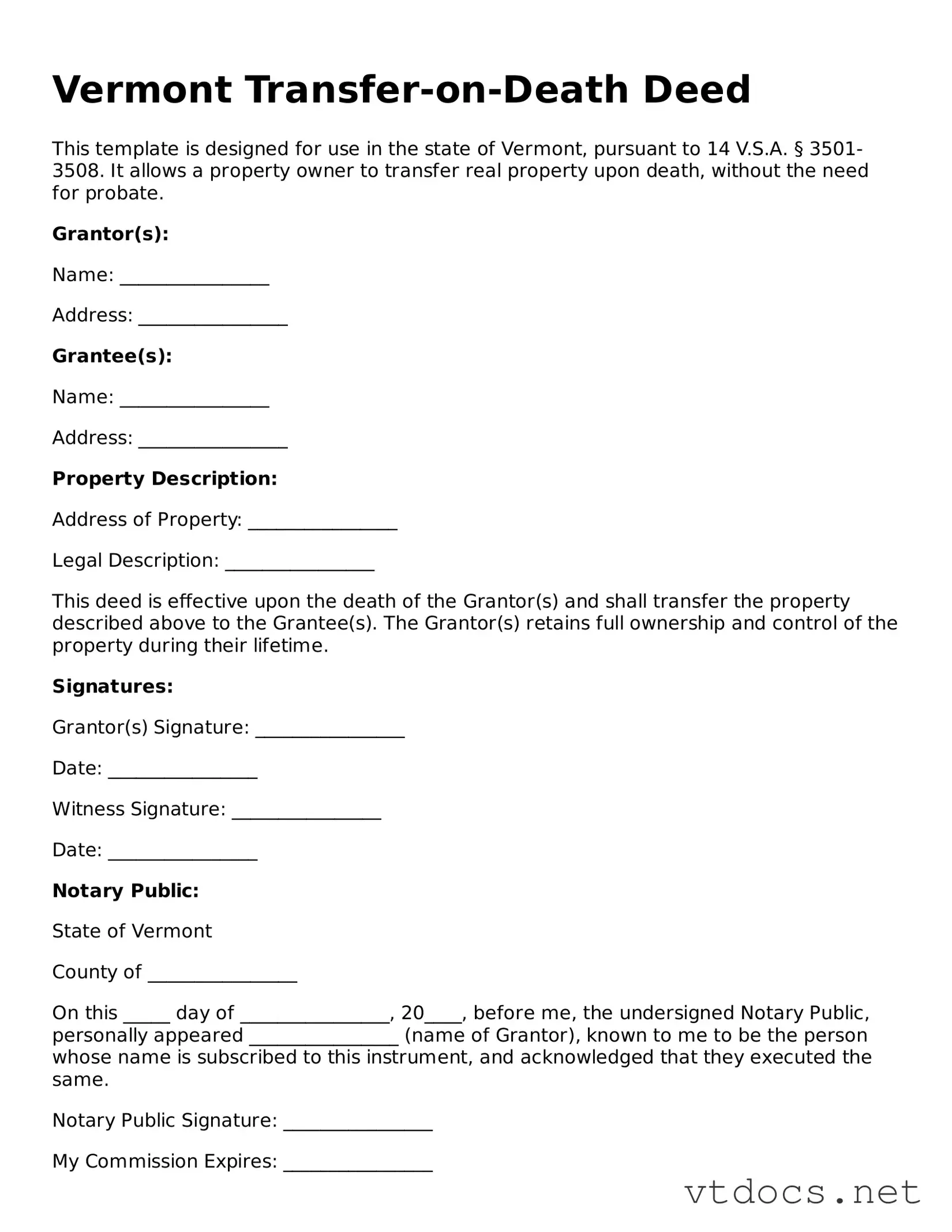 Official  Transfer-on-Death Deed Document for Vermont