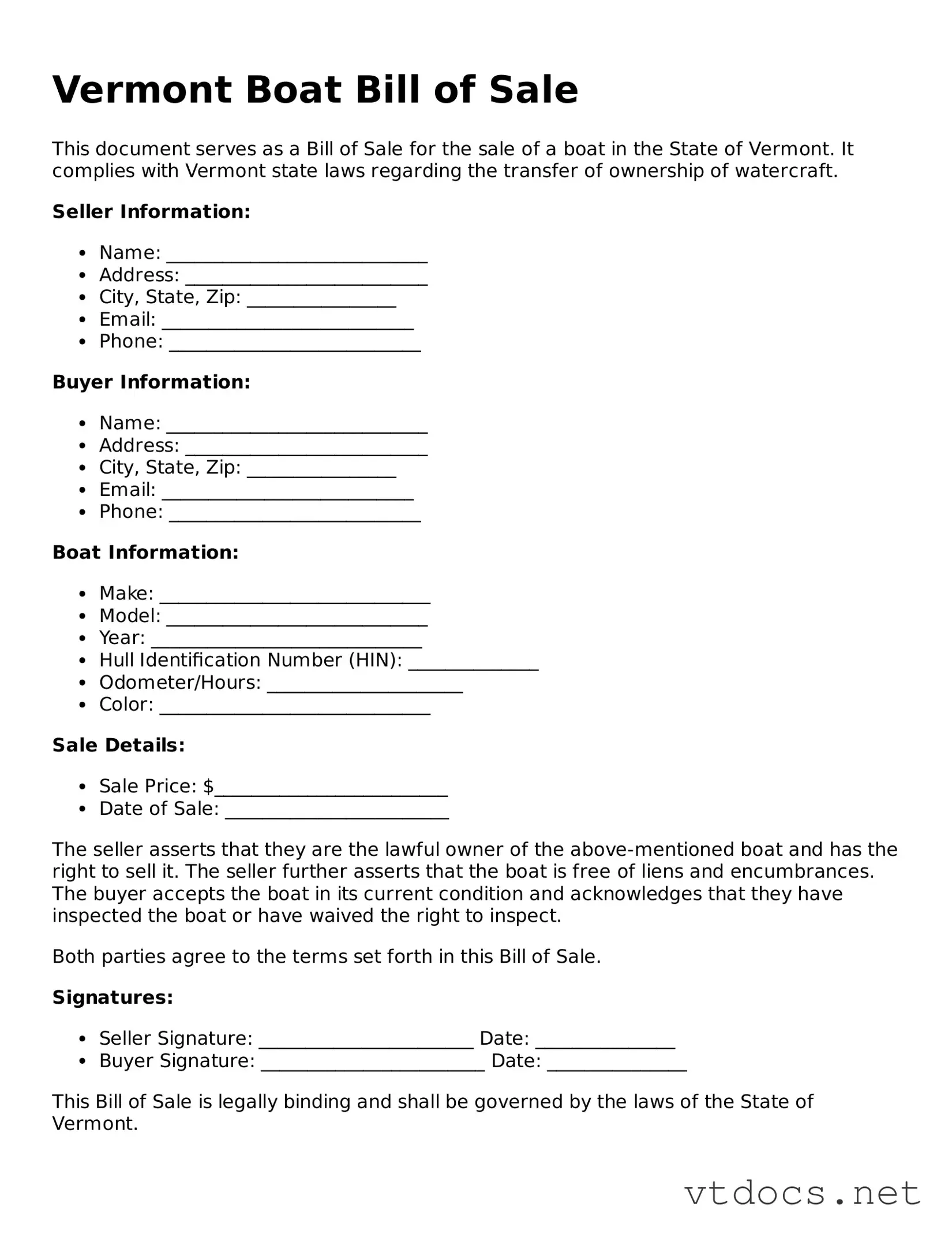 Official  Boat Bill of Sale Document for Vermont